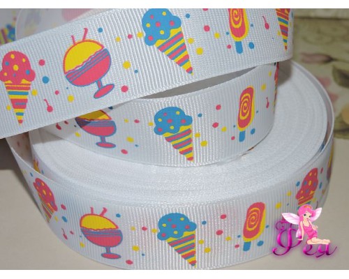 Лента репсовая 25 мм с рисунком "Мороженое" - 1м