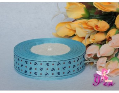 Репсовые ленты 25 мм голубого цвета с рисунком "Якоря и красные Звездочки"