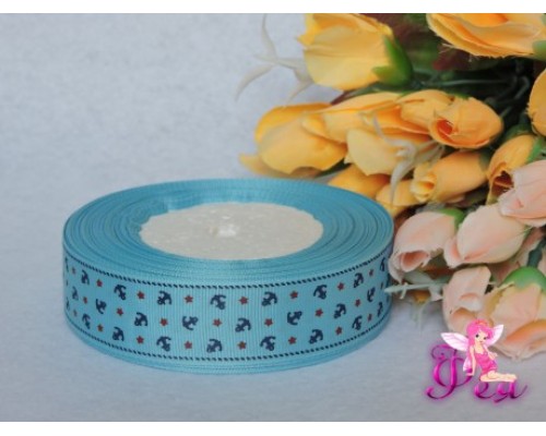 Репсовые ленты 25 мм голубого цвета с рисунком "Якоря и красные Звездочки"