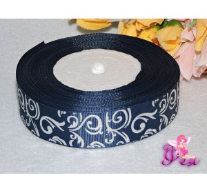 Репсовая лента с рисунком (мультики, 3D) 25мм цвета джинс с серебряным рисунком "Узор" 