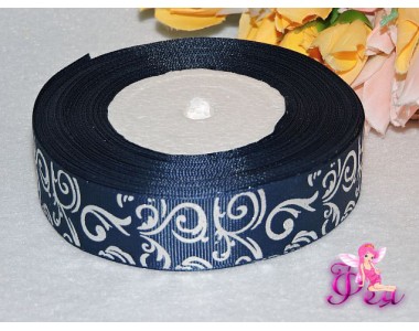 Репсовая лента с рисунком (мультики, 3D) 25мм цвета джинс с серебряным рисунком "Узор"