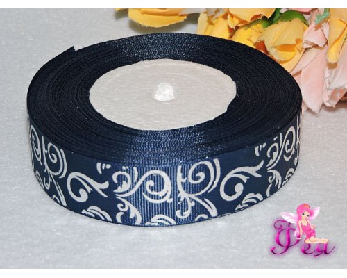 Репсовая лента с рисунком (мультики, 3D) 25мм цвета джинс с серебряным рисунком "Узор" 