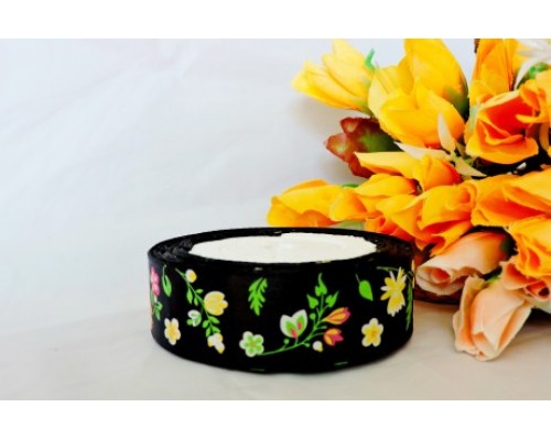 Лента атласная с рисунком, 25 мм*23 м, цв. черный, цветы