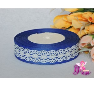 Репсовая лента синего цвета с рисунком "Белое кружево" 25мм - 1м