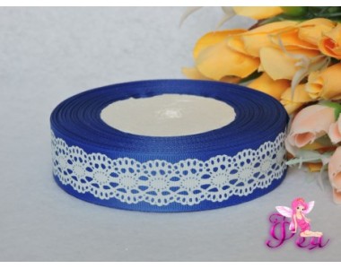 Репсовая лента синего цвета с рисунком "Белое кружево" 25мм - 1м