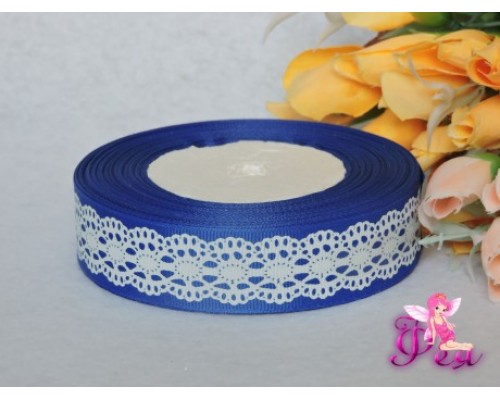 Репсовая лента синего цвета с рисунком "Белое кружево" 25мм - 1м