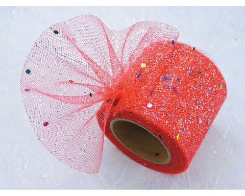 Фатин с блестками и пайетками 5,5 см, цв. красный - 1 м.