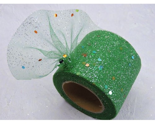 Фатин с блестками и пайетками 5,5 см, цв. темно-зеленый - 1 м.