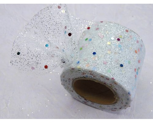 Фатин с блестками и пайетками 5,5 см, цв. белый - 1 м.