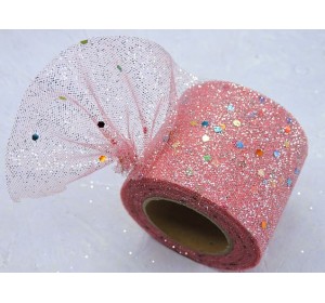 Фатин с блестками и пайетками 5,5 см, цв. коралловый - 1 м.