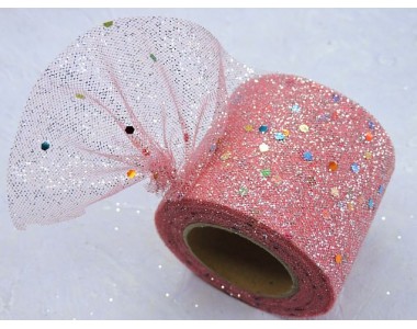 Фатин с блестками и пайетками 5,5 см, цв. коралловый - 1 м.