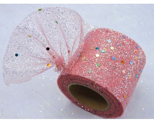 Фатин с блестками и пайетками 5,5 см, цв. коралловый - 1 м.