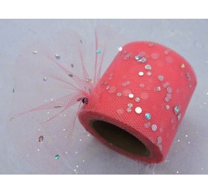 Фатин с пайетками 5,5 см, цв. коралловый - 1 м.