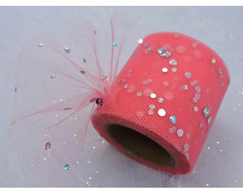 Фатин с пайетками 5,5 см, цв. коралловый - 1 м.