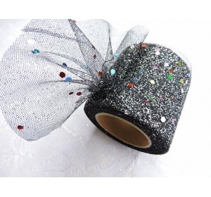 Фатин с блестками и пайетками 5,5 см, цв. черный - 1 м.