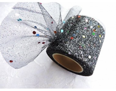 Фатин с блестками и пайетками 5,5 см, цв. черный - 1 м.