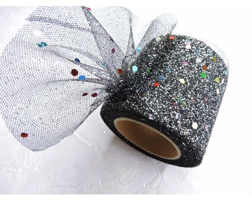 Фатин с блестками и пайетками 5,5 см, цв. черный - 1 м.