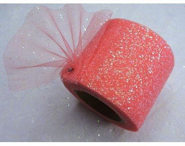 Фатин с блестками 5,5 см, цв. коралловый - 1 м.
