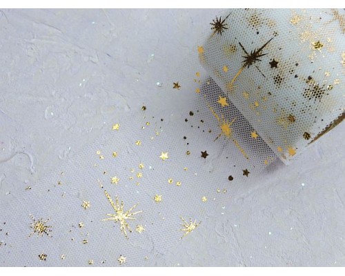 Фатин "Фейерверк" 5,5 см, цв. белый/золото- 1 м.