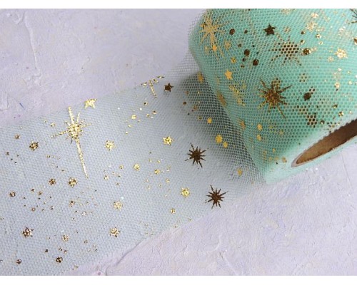 Фатин "Фейерверк" 5,5 см, цв. аквамариновый/золото- 1 м.