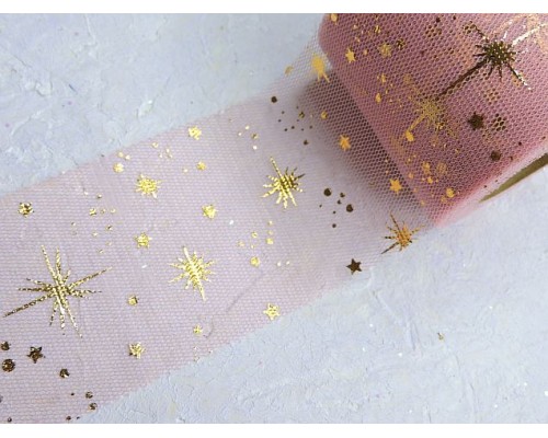 Фатин "Фейерверк" 5,5 см, цв. коралловый/золото- 1 м.