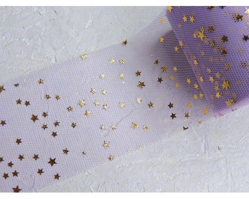 Фатин "Звездочки" 5,5 см, цв. фиолетовый/золото- 1 м.