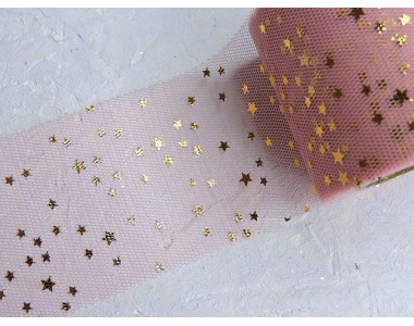 Фатин "Звездочки" 5,5 см, цв. коралловый/золото- 1 м.