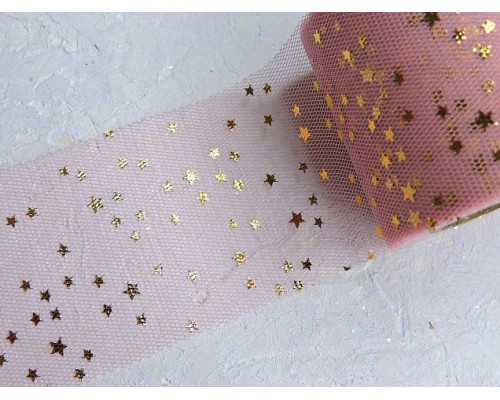 Фатин "Звездочки" 5,5 см, цв. коралловый/золото- 1 м.
