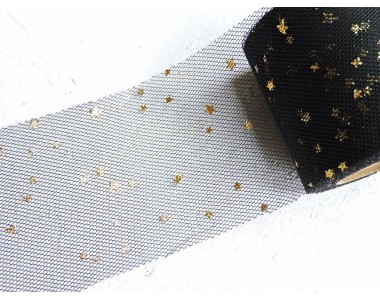 Фатин "Звездочки" 5,5 см, цв. черный/золото- 1 м.