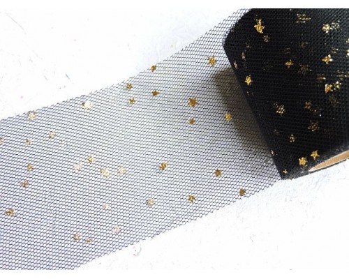 Фатин "Звездочки" 5,5 см, цв. черный/золото- 1 м.