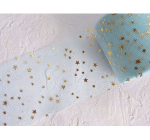Фатин "Звездочки" 5,5 см, цв. голубой/золото - 1 м.