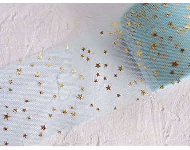 Фатин "Звездочки" 5,5 см, цв. голубой/золото - 1 м.