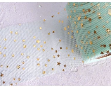 Фатин "Звездочки" 5,5 см, цв. аквамариновый/золото - 1 м.