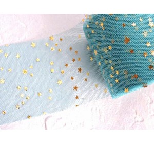 Фатин "Звездочки" 5,5 см, цв. темно-бирюзовый/золото - 1 м.