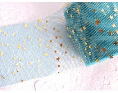 Фатин "Звездочки" 5,5 см, цв. темно-бирюзовый/золото - 1 м.