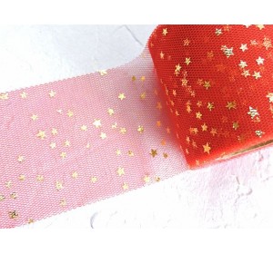 Фатин "Звездочки" 5,5 см, цв. красный/золото - 1 м.