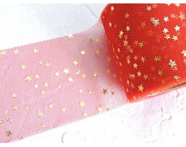 Фатин "Звездочки" 5,5 см, цв. красный/золото - 1 м.