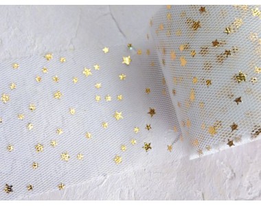 Фатин "Звездочки" 5,5 см, цв. белый/золото - 1 м.