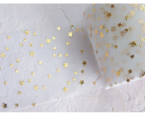 Фатин "Звездочки" 5,5 см, цв. белый/золото - 1 м.