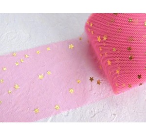 Фатин "Звездочки" 5,5 см, цв. ярко-розовый/золото- 1 м.