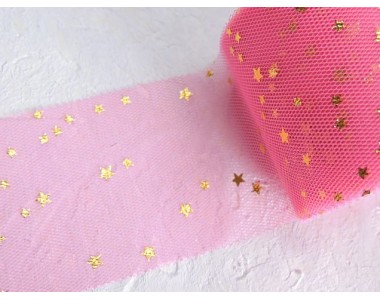 Фатин "Звездочки" 5,5 см, цв. ярко-розовый/золото- 1 м.