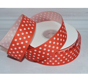 Лента репсовая 25 мм с рисунком "Крупный горох", цв. красный/белый - 1 м.