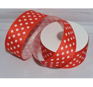 Лента репсовая 40 мм с рисунком "Крупный горох", цв. красный/белый - 1 м.