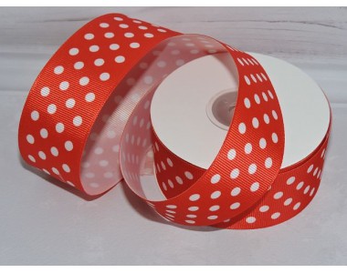 Лента репсовая 40 мм с рисунком "Крупный горох", цв. красный/белый - 1 м.