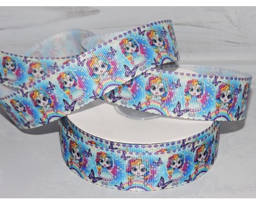 Лента репсовая 25 мм с рисунком "Девочка-единорог" - 1 м.