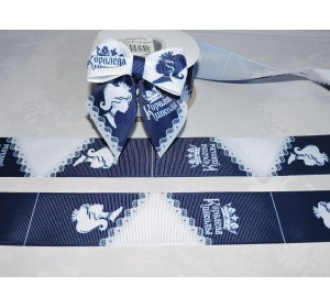 Лента репсовая 40 мм с рисунком "Королева школы"(хвостики), цв. темно-синий - 1 купон.(Брак размытость синего цвето немного)