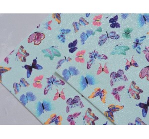 Кожзам с блестками "Бабочки", цв. голубой - 1 лист.