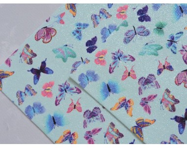 Кожзам с блестками "Бабочки", цв. голубой - 1 лист.