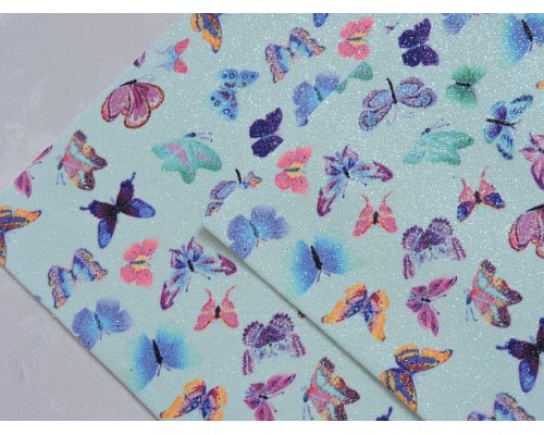 Кожзам с блестками "Бабочки", цв. голубой - 1 лист.