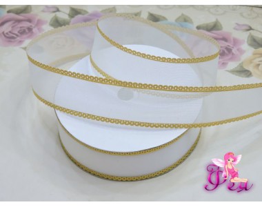 Декоративная лента 25 мм белого цвета с золотистой каймой по краю - 1м